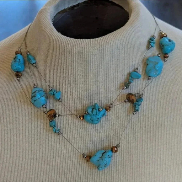 Turquoise Multi Strand Beaded Necklace Lobster Claw Manitee Length - Picture 2 of 5